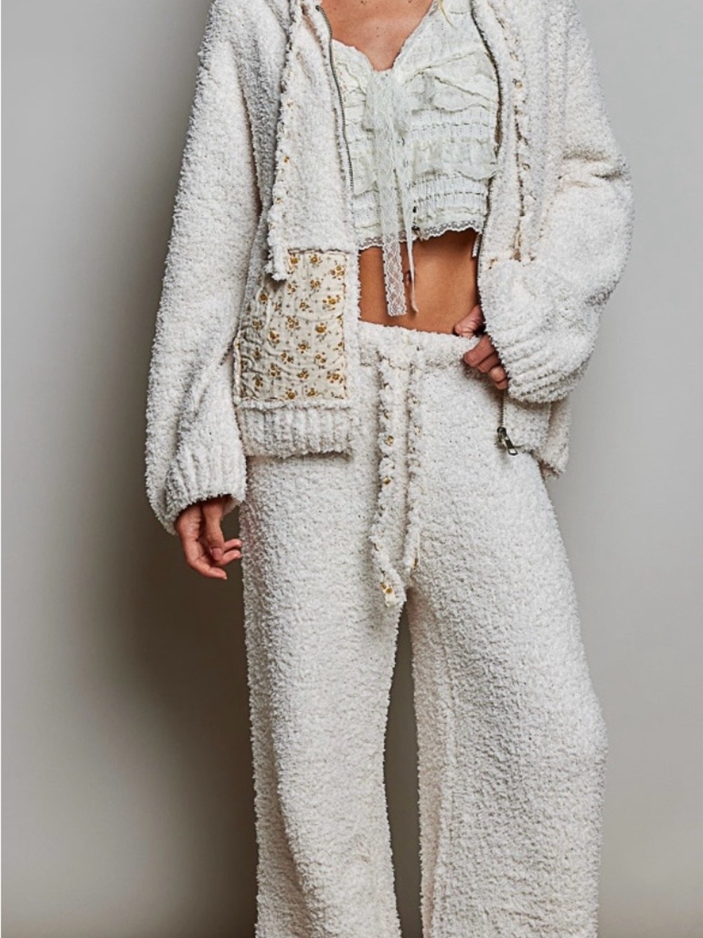 POL Cozy Ivory Bouclé Wide-Leg Lounge Pants